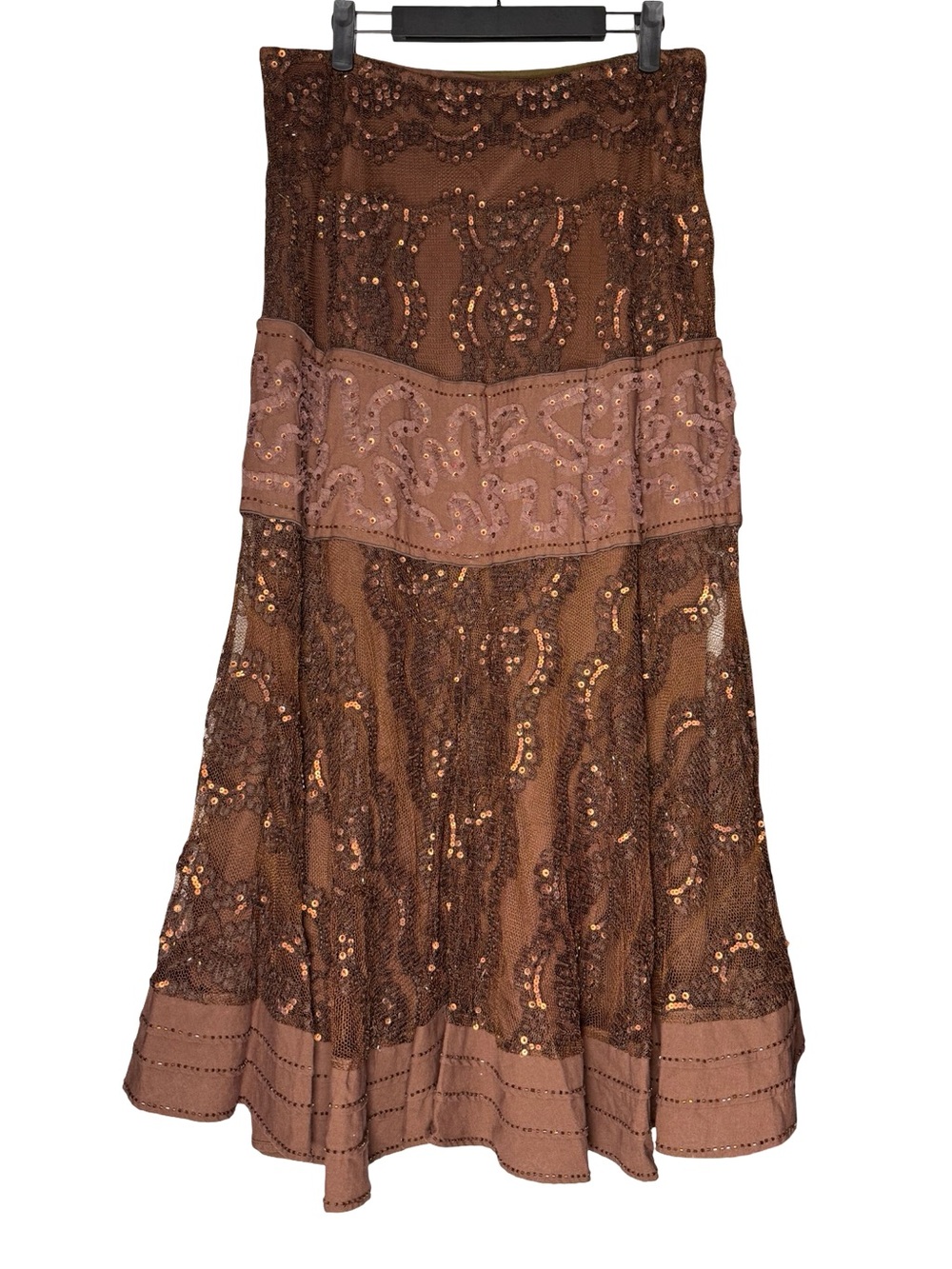 Basil & Maude Brown Lace Sequin Midi Skirt Sz 10 Y2K Whimsigoth Fairy Boho Fall